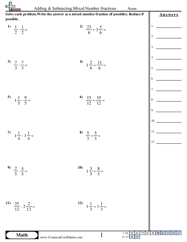 Mixed Fractions (Same Denominator) worksheet